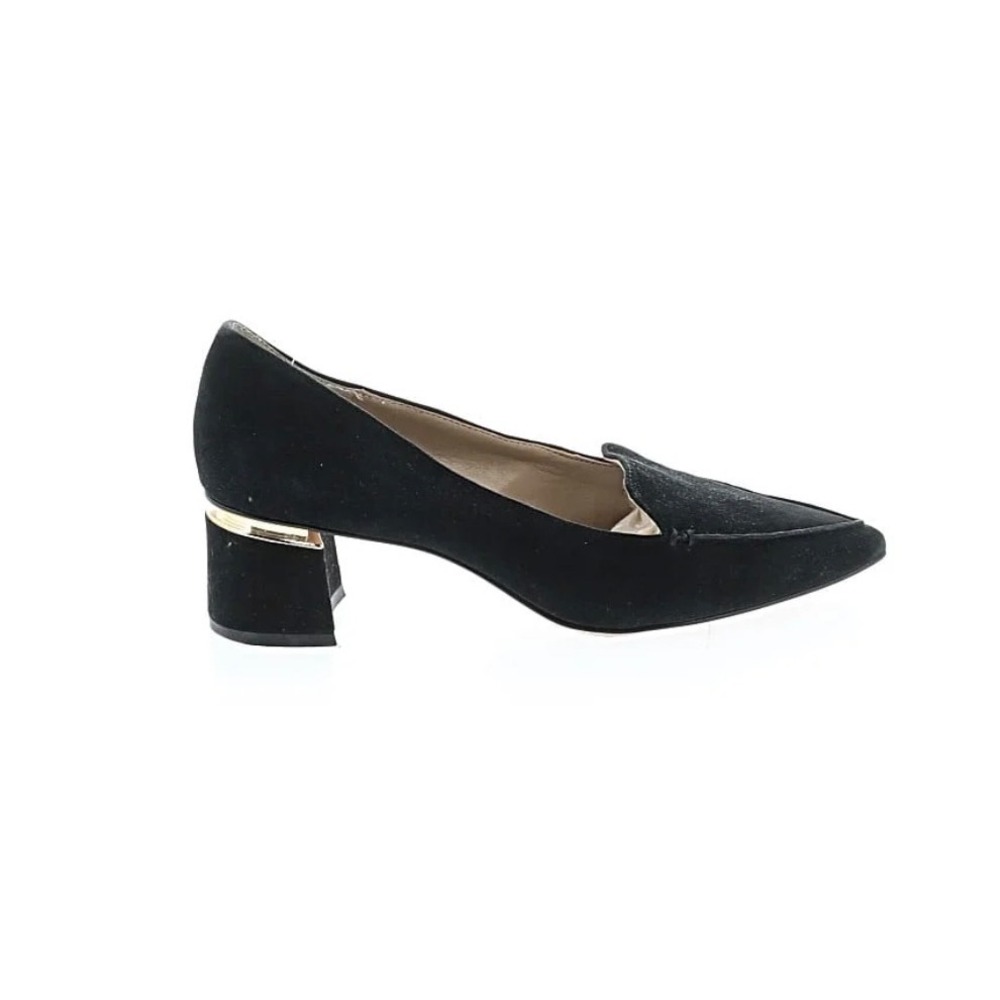 Enzo Angiolini Black Suede Pointed Block Heel Loafers with Gold Trim